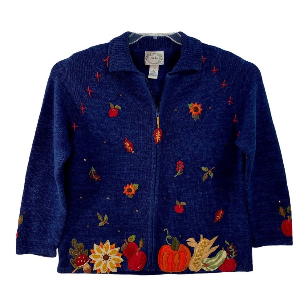 Stitches In Time Autumn Fall Womens Cardigan Sweater L Blue Embroidered Applique